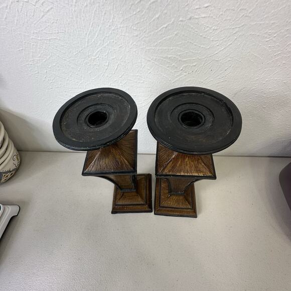 Set 2 Rustic Resin Dark Wood Pattern Pillar Candle Holders 11 Inch Ornate Metal - Picture 5 of 14